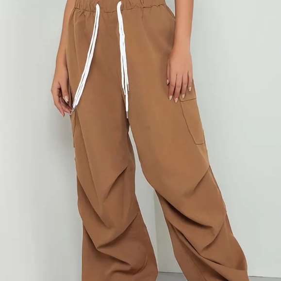 Women's solid elastic drawstring ruched wide leg cargo trousers size 2XL - Picture 2 of 7
